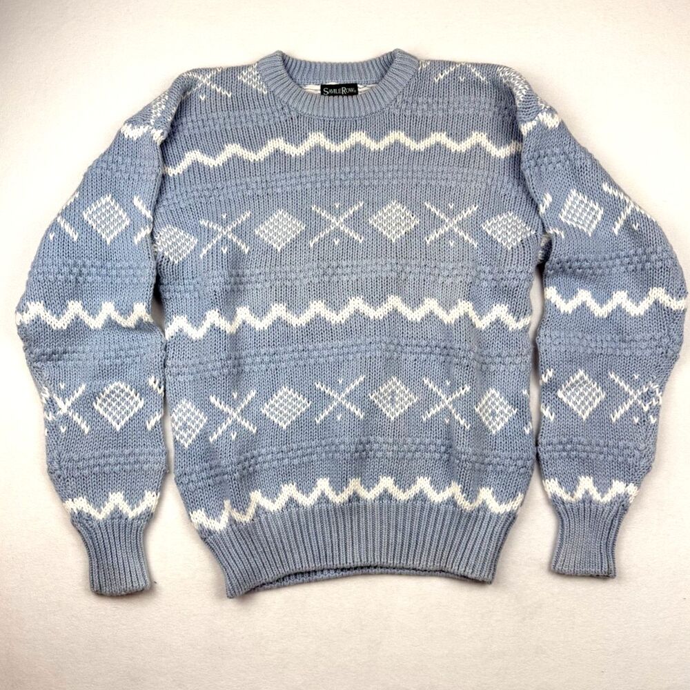 Vtg Savile Row Geometric Nordic Knit Sweater Blue White Cotton Blend Crewneck M
